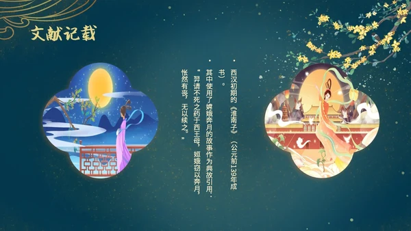 蓝色绿色古风中国风中秋节嫦娥奔月PPT模板课件神话故事