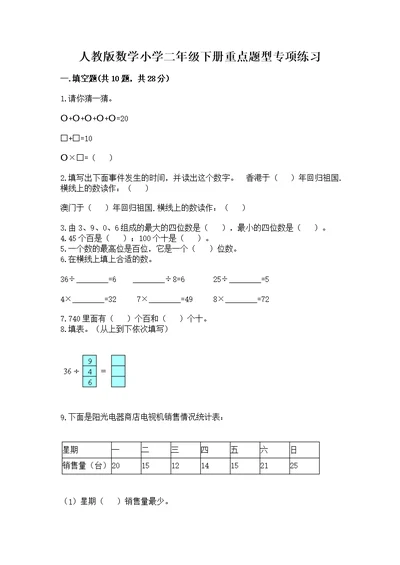 人教版数学小学二年级下册重点题型专项练习含答案（新）