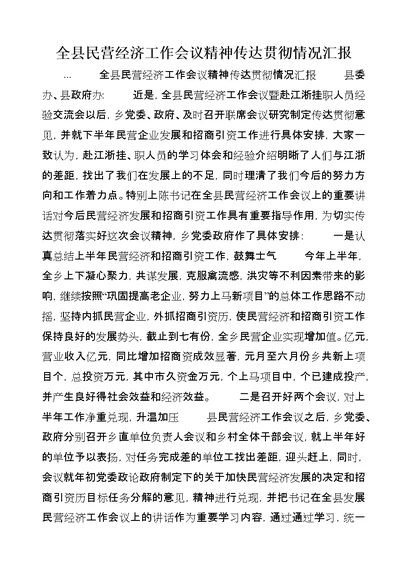 全县民营经济工作会议精神传达贯彻情况汇报