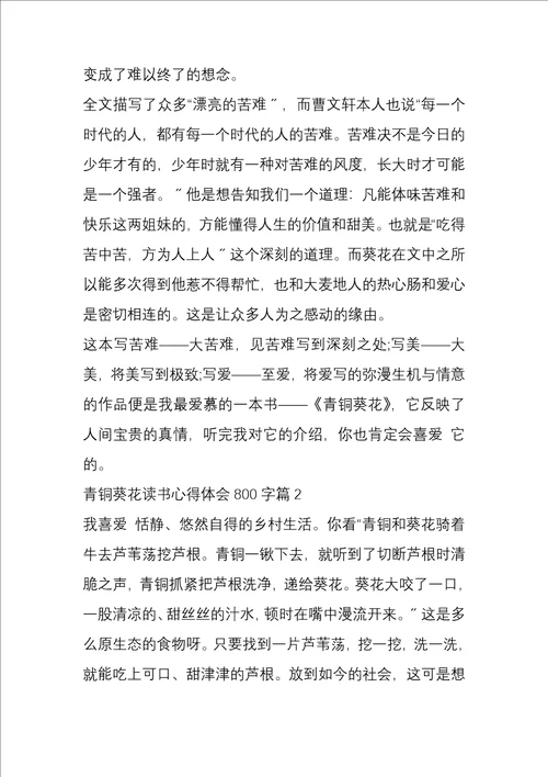 青铜葵花读书心得体会800字5篇