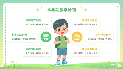 绿色插画风新学期开学第一课主题班会家长会PPT模板