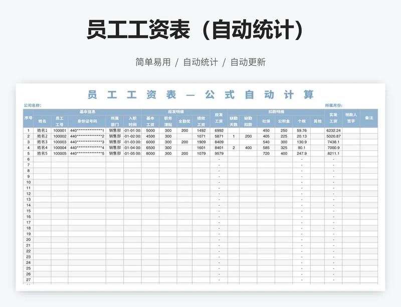 员工工资表（自动统计）
