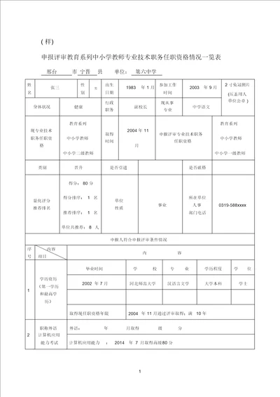 申报评审教育系列中小学教师专业技术职务任职资格情况一览表