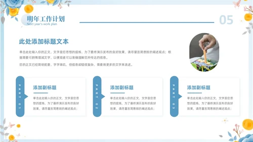 蓝色立体花卉教师年终工作总结工作汇报工作计划PPT年终总结