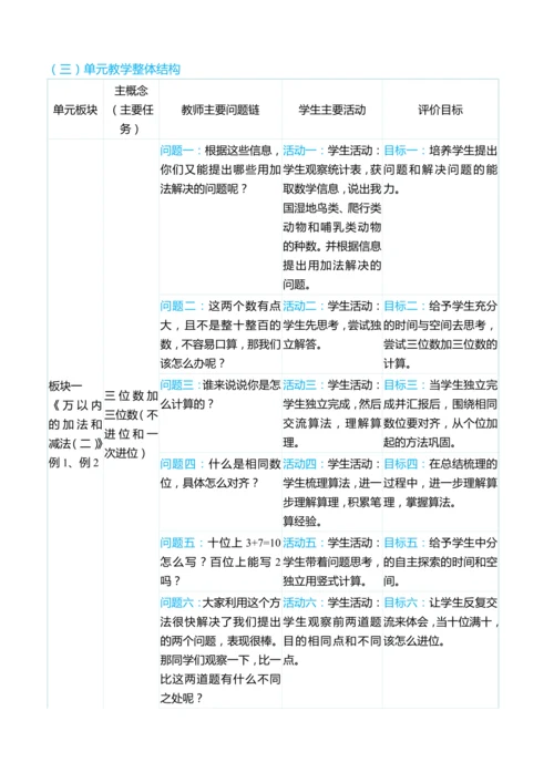 （大单元整体教学）第四单元 万以内的加法和减法（二） 单元分析（表格式）教学设计   人教版 三年级