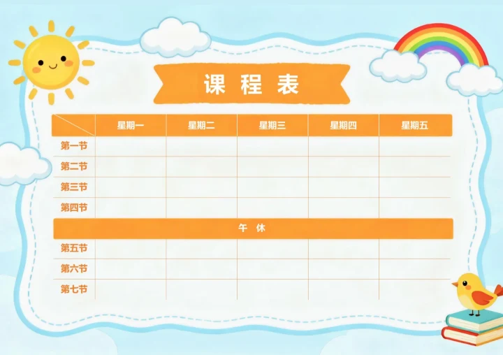 浅蓝卡通课程表横板A4模板