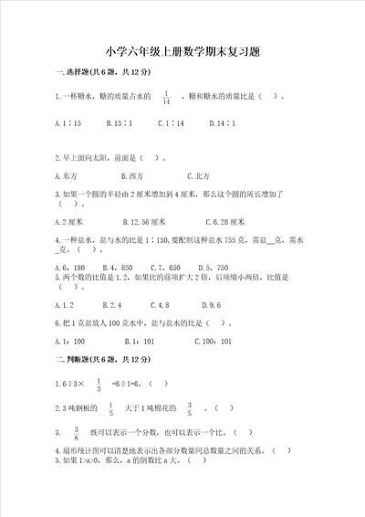 小学六年级上册数学期末复习题附答案达标题