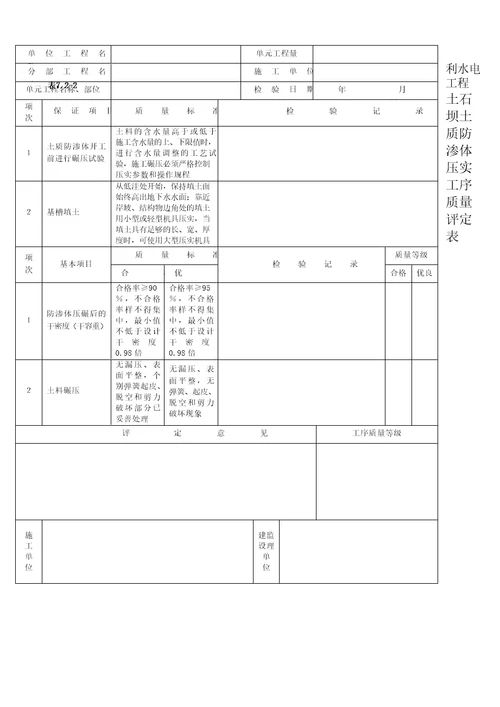 土石坝单元工程质量验收表格模板