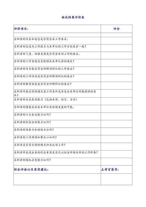 校园招聘面试结果评价表模板