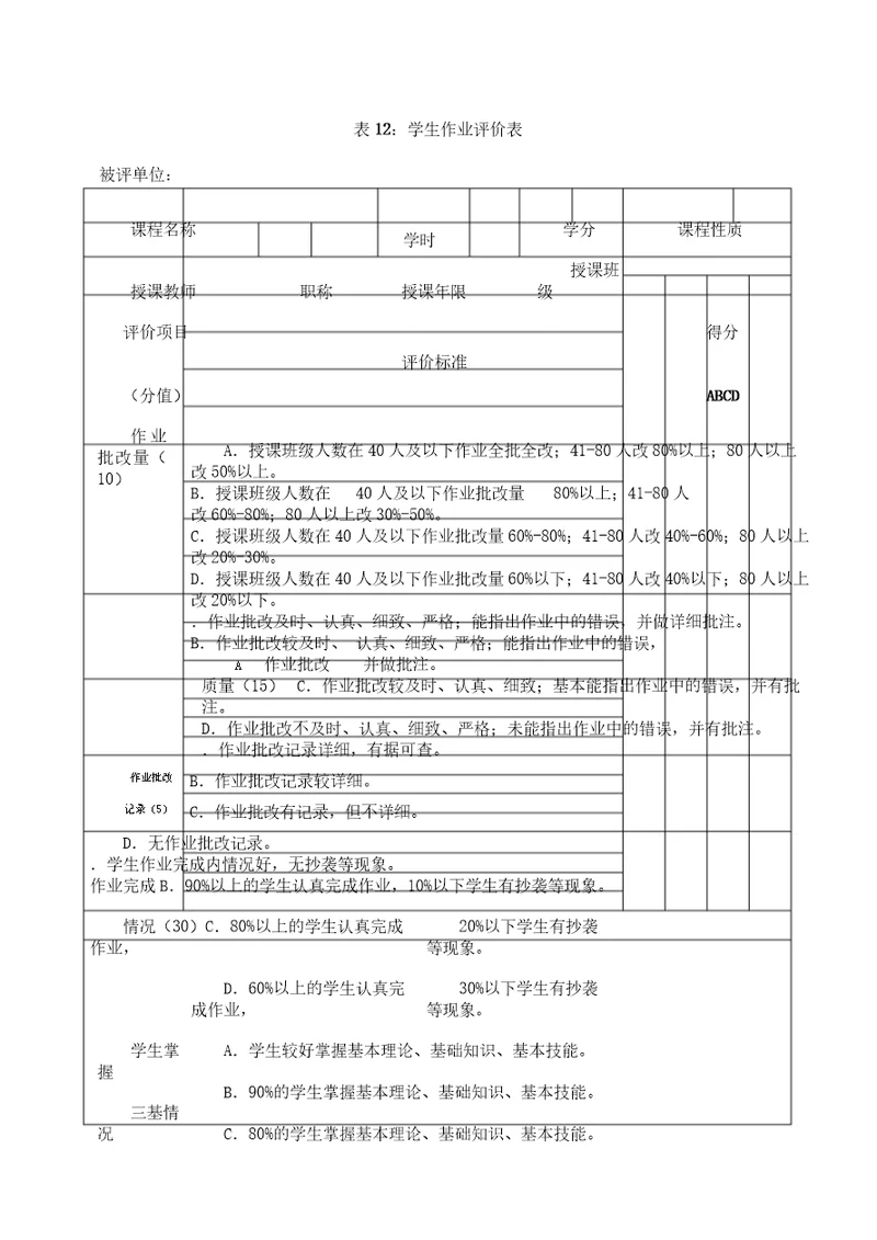 表格12学生作业评价表格