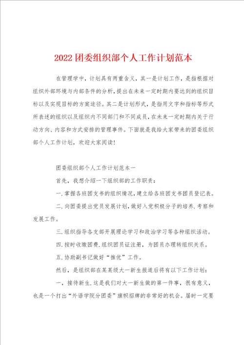 2022团委组织部个人工作计划范本