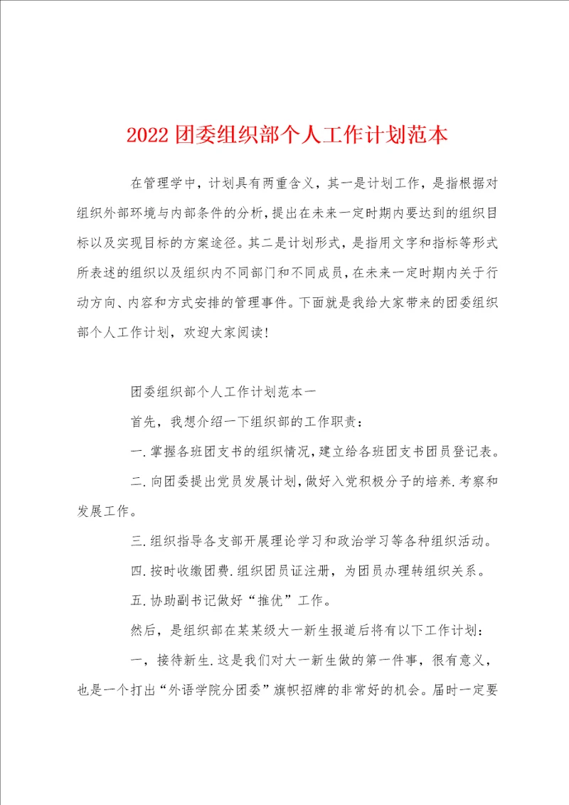 2022团委组织部个人工作计划范本