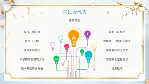 蓝色插画家长会邀请函卡通金色边框圆家长学生花草树枝鸟期末家长会