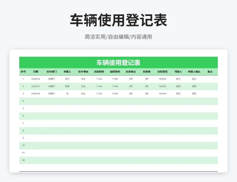 简约风车辆使用登记表