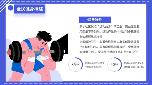 蓝色扁平插画风格全民健身宣传PPT模板
