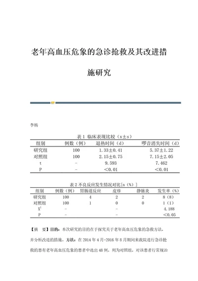 老年高血压危象的急诊抢救及其改进措施研究