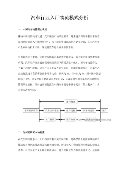 汽车行业入厂物流模式分析样稿