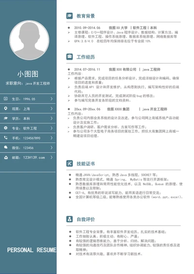 java工程师简历模板A4个人自我简历介绍
