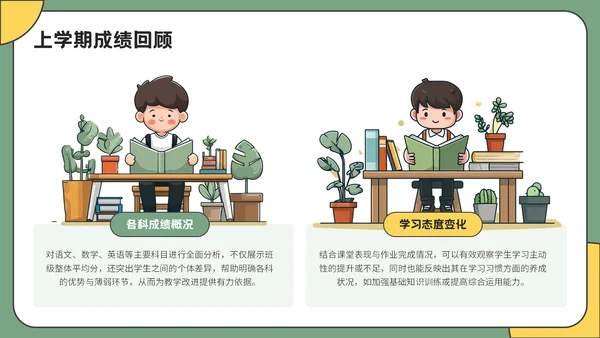 绿色插画风开学家长会通用PPT模板