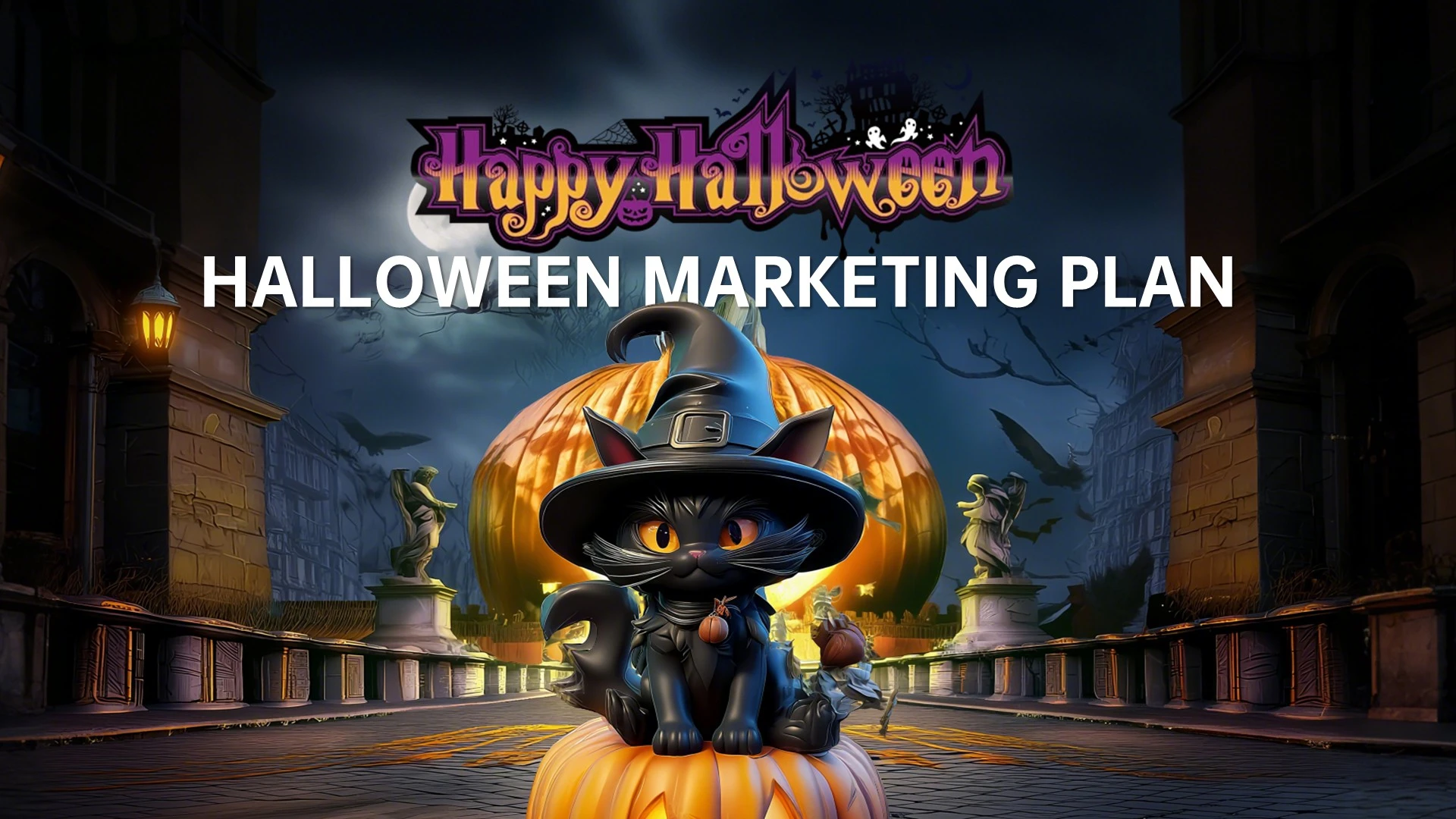 黑色欧美风英文3D立体猫万圣节营销策划PPT模板