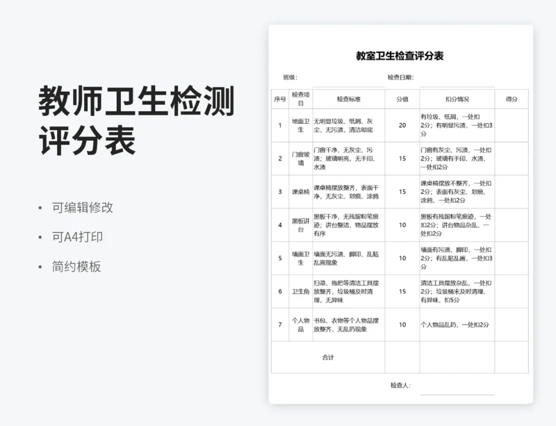 教室卫生检查评分表