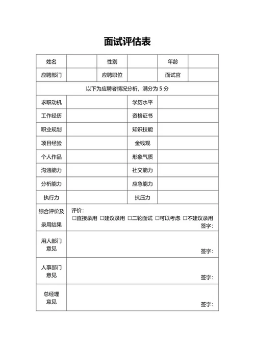 企业面试评估表word模板