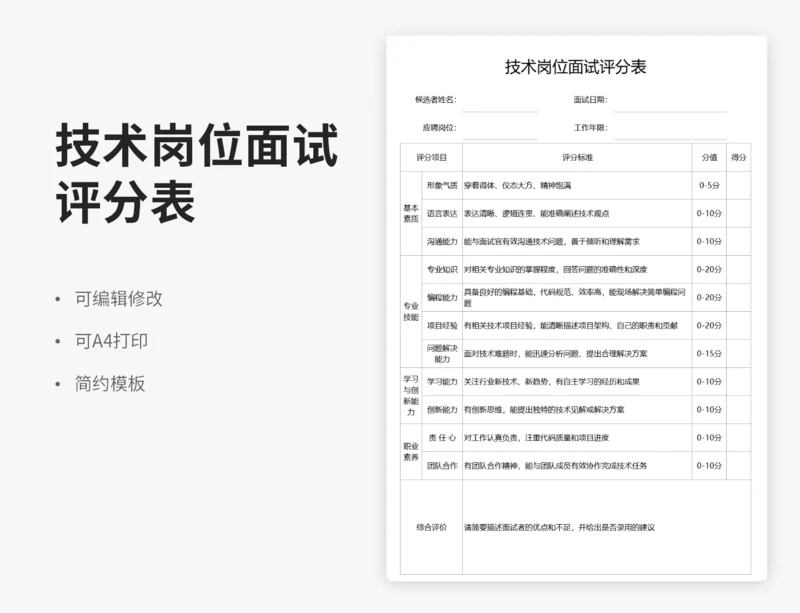 技术岗位面试评分表