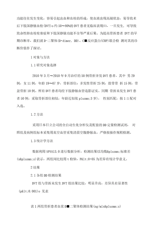 DDimer、C反应蛋白检测在骨折致下肢深静脉血栓形成中的诊断价值