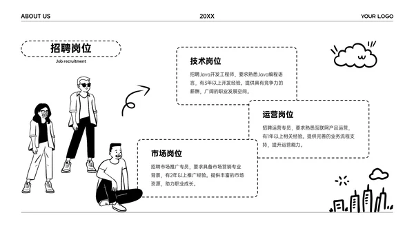 黑白卡通插画风团队介绍PPT模板