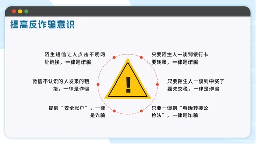 蓝色扁平防范电信诈骗提高反诈意识带内容PPT模板
