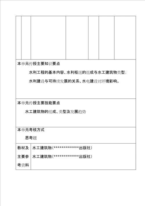 00高职高专水工建筑物授课计划