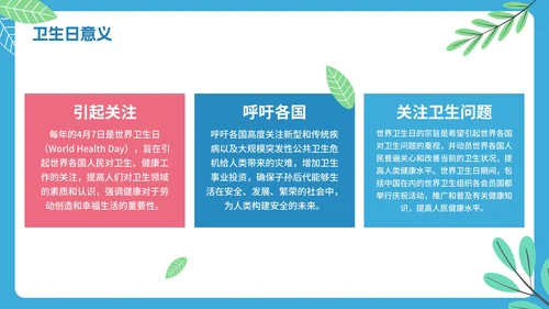 蓝色卡通幼儿园小学国际卫生日倡议科普PPT模板