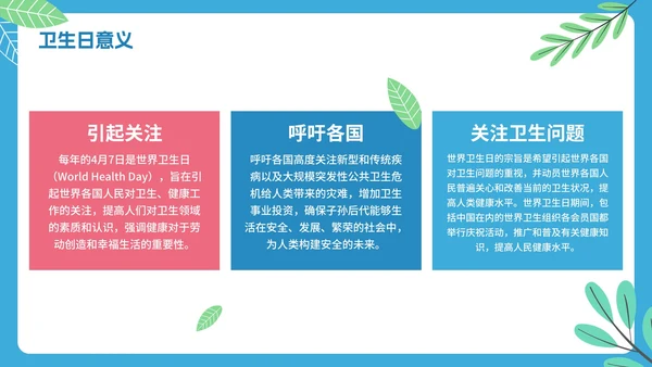 蓝色卡通幼儿园小学国际卫生日倡议科普PPT模板