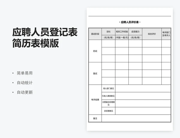 应聘人员登记表简历表模版