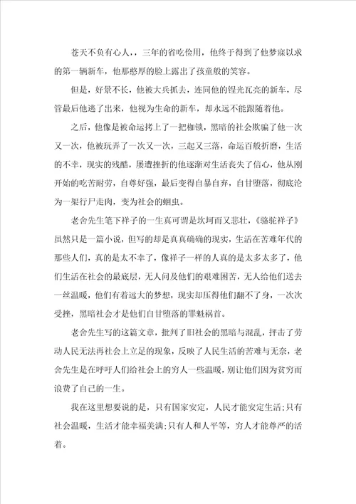 骆驼祥子读后感精选读书心得体会