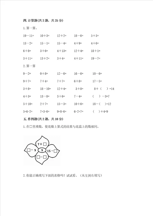 冀教版一年级上册数学第九单元 20以内的减法 测试卷精品黄金题型