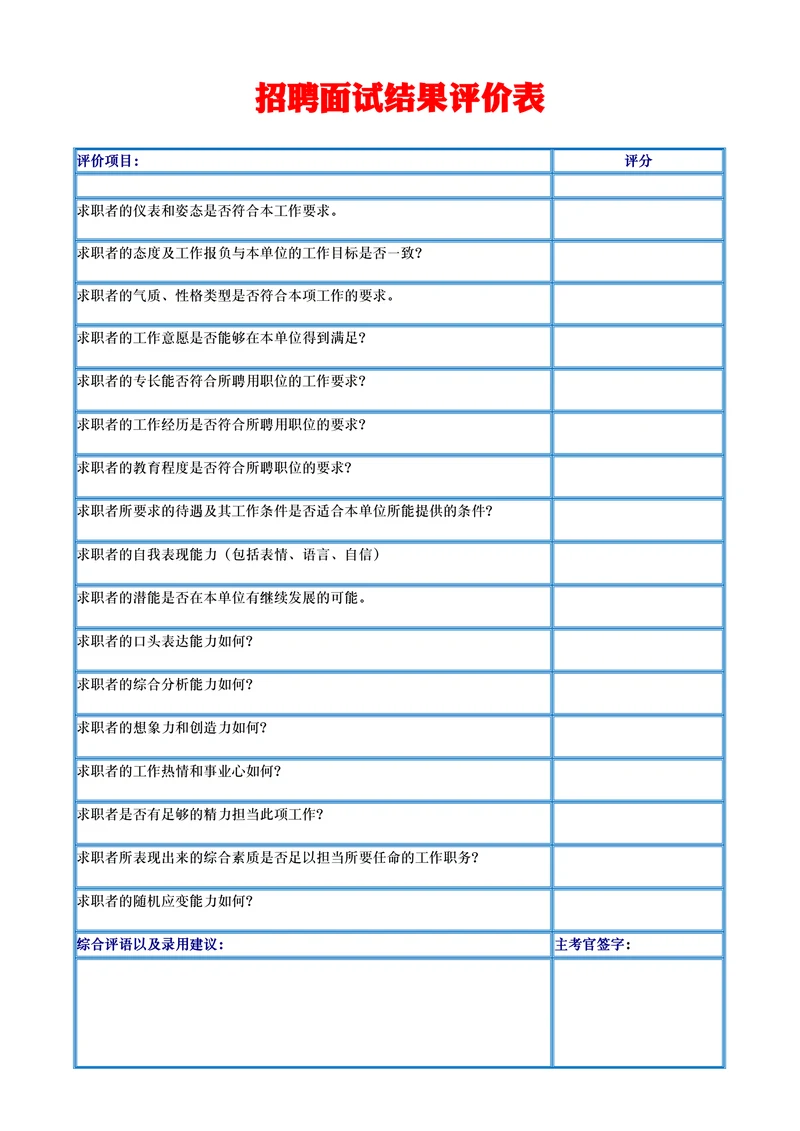 校园招聘面试结果评价表