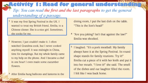 【优质阅读公开课课件】Unit 4 Time to celebrate Understanding