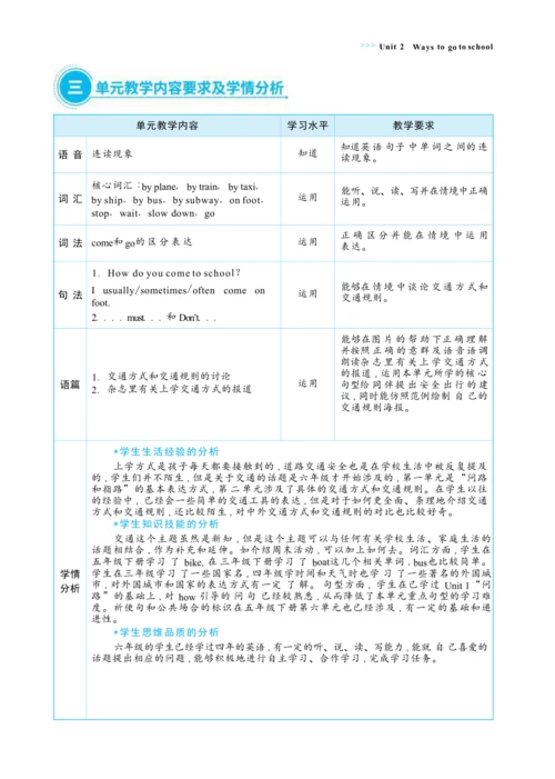 Unit 2 Ways to go to school 单元整体教学设计(表格式）