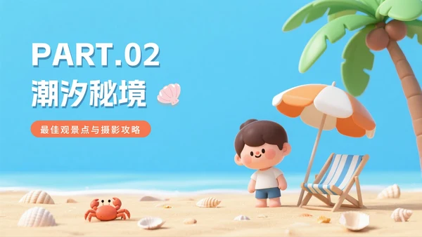 清新可爱拟态风海边旅行攻略PPT模板
