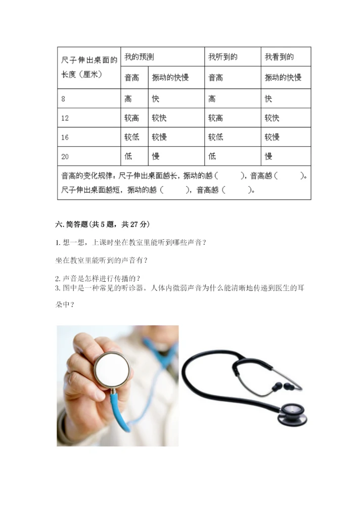 教科版科学四年级上册第一单元声音测试卷汇总.docx