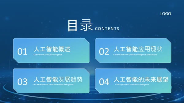 蓝色科技风人工智能应用现状与发展趋势论文答辩PPT
