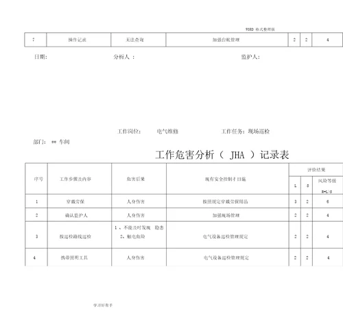 电工工作危害分析JHA记录文本表