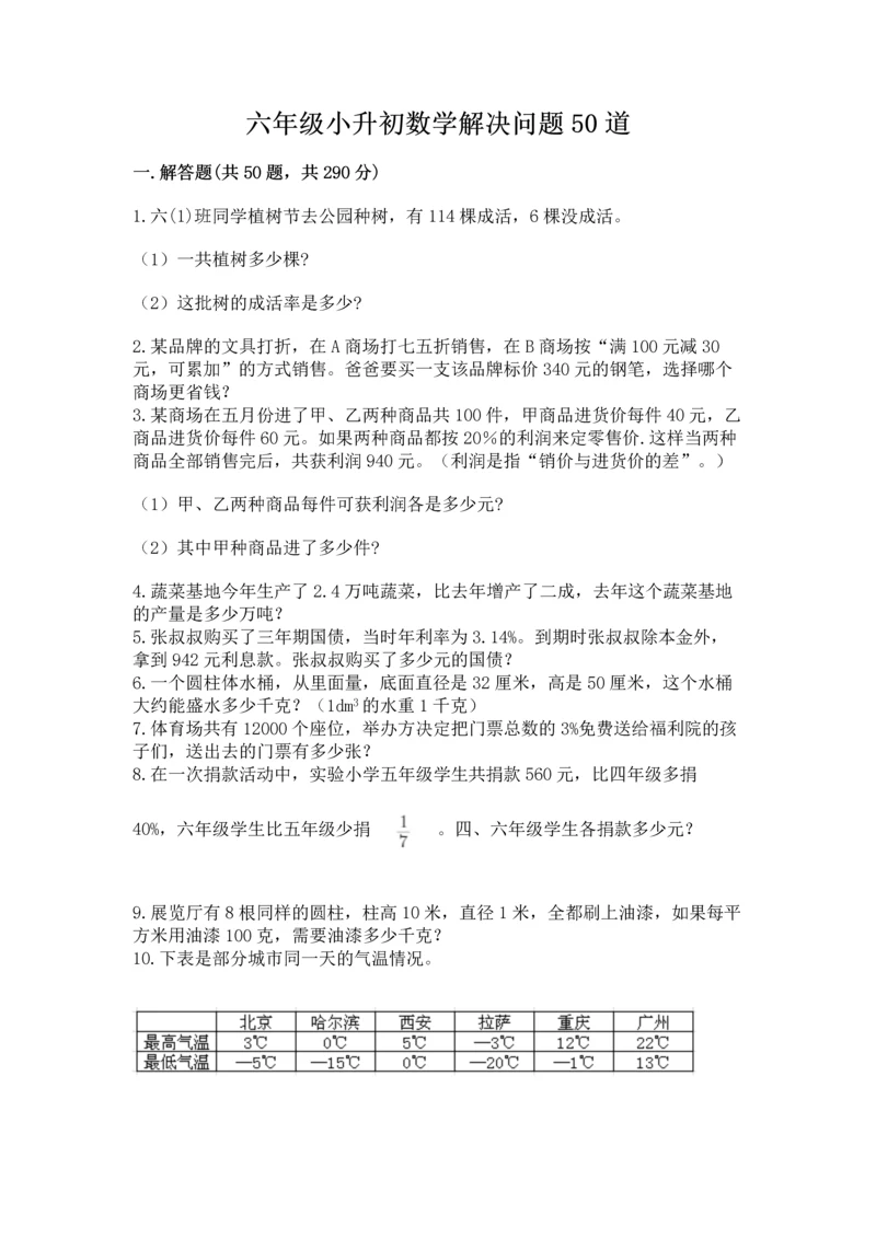 六年级小升初数学解决问题50道精选.docx