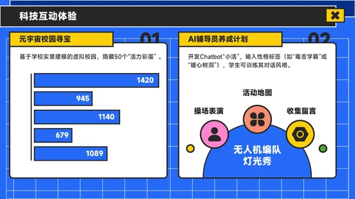 蓝黄色潮流风活力校园季：新学年活动安排与创意策划PPT模板