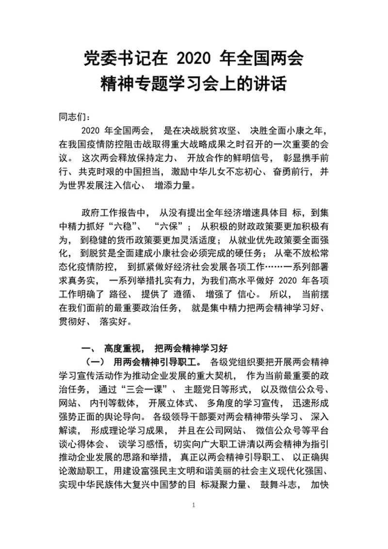 党委书记在2020年全国两会精神专题学习会上的讲话