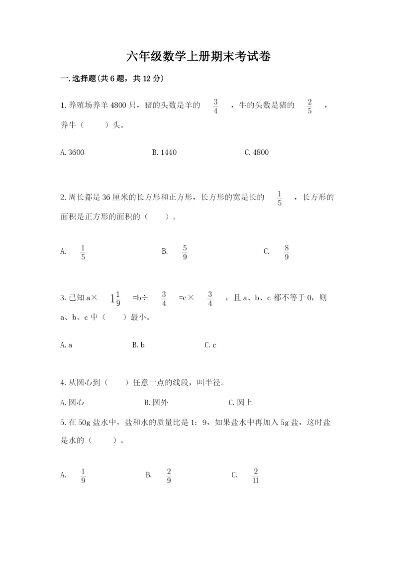 六年级数学上册期末考试卷附完整答案【名师系列】.docx