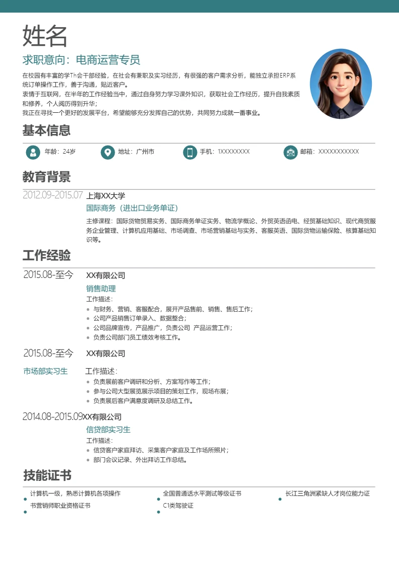 高端绿色简约个人简历求职简历电商运营岗位通用模版
