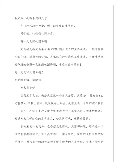 2023高一竞选班长演讲稿
