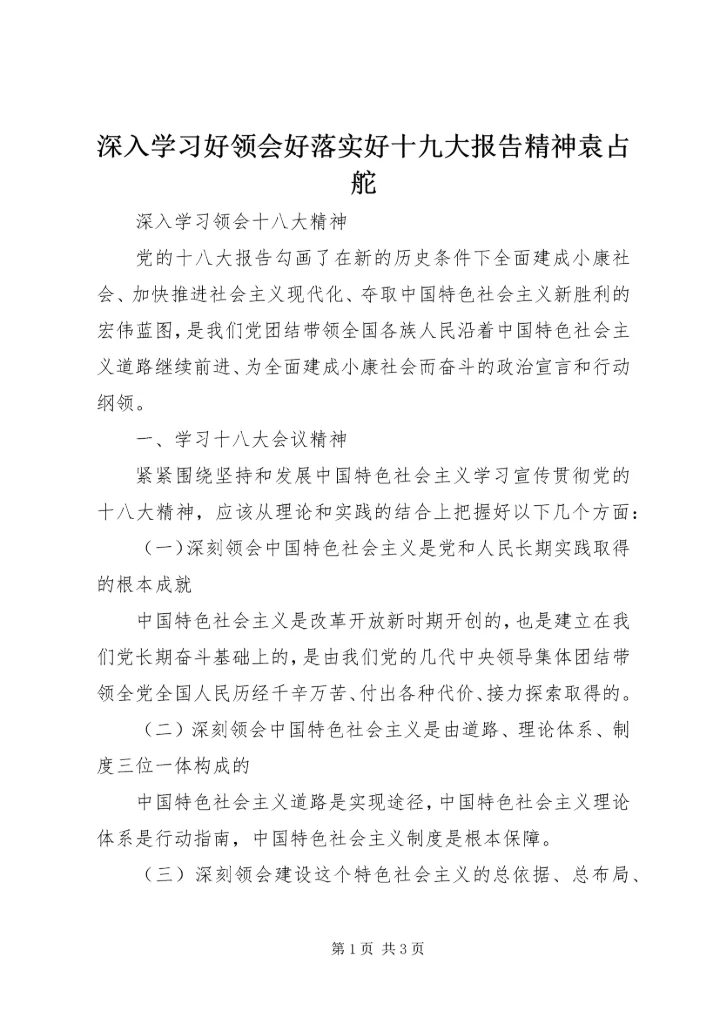 深入学习好领会好落实好十九大报告精神袁占舵.docx